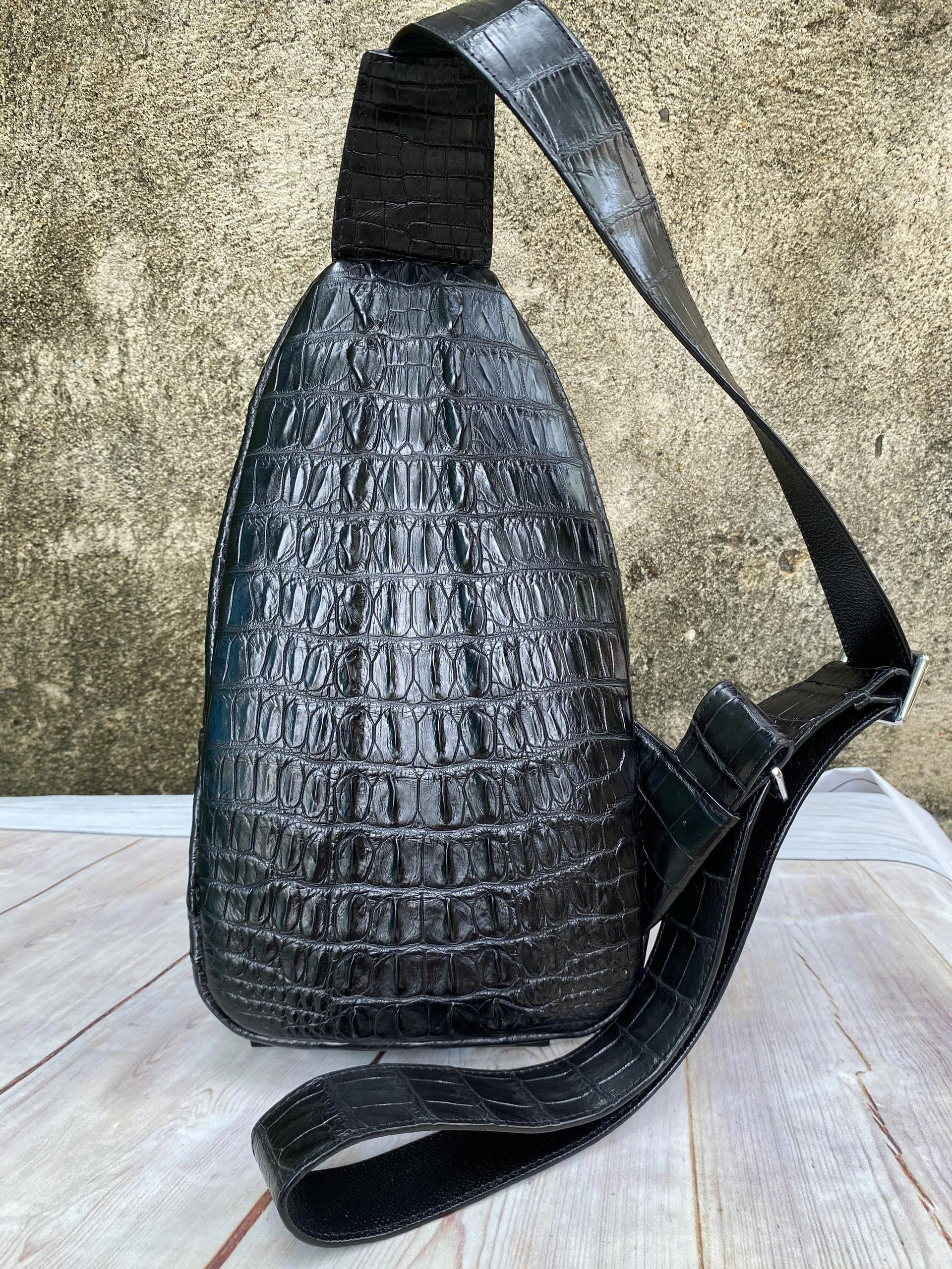 Black Men's Sling Backpack Handcrafted Genuine Crocodile Skin Leather Cross Body Bag - Image 4